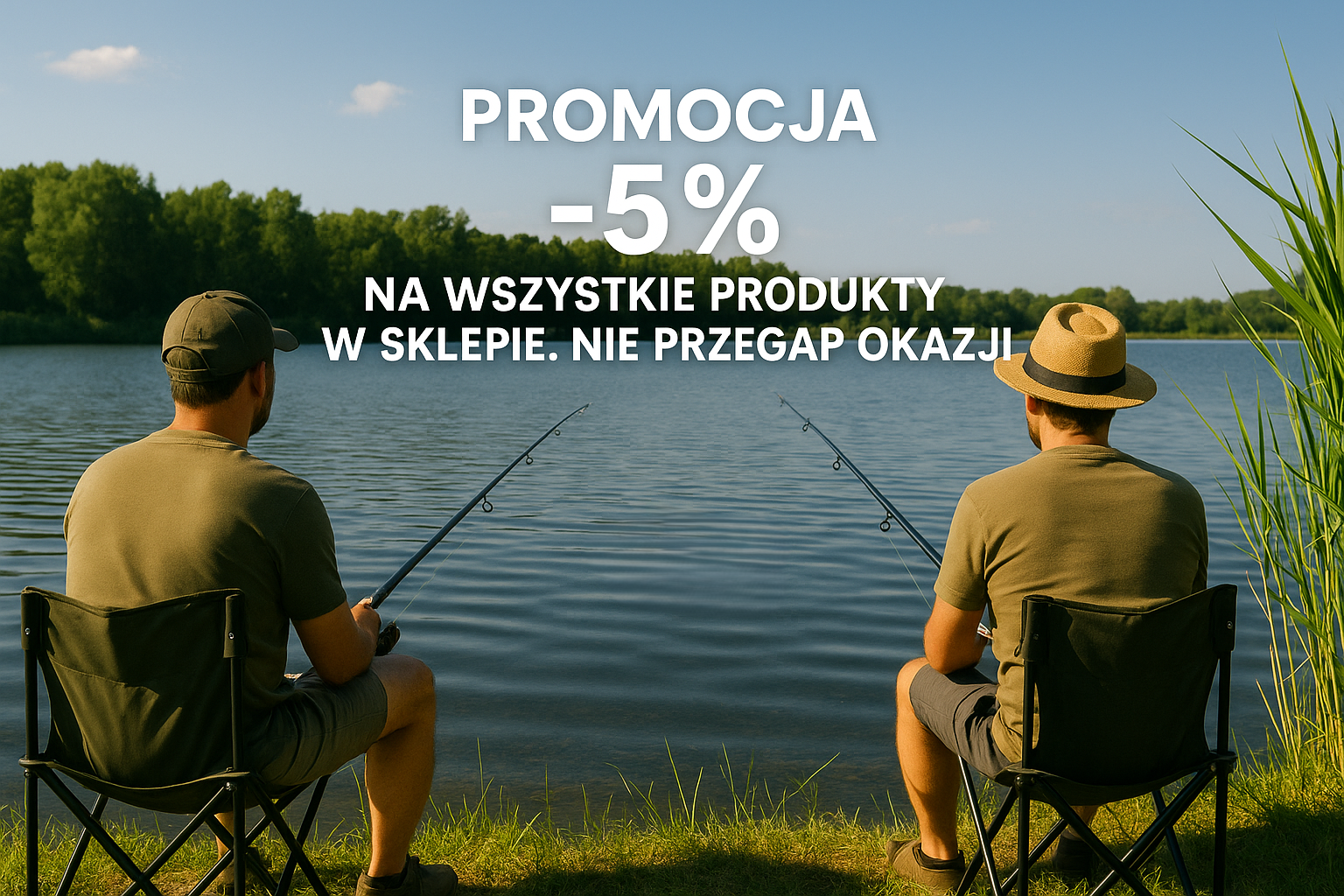 Wędkarze nad jeziorem w promocyjnej scenerii